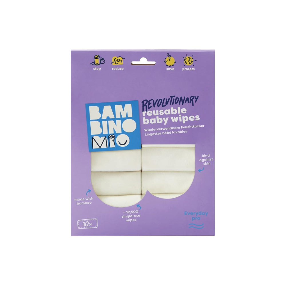 Bambino Mio Genanvendelige Babyservietter - Basic - Miljøvenlige, Kemikaliefri, Dobbeltsidet, Vaskbar, 10 Pack, Cloud - Emballagen kan variere