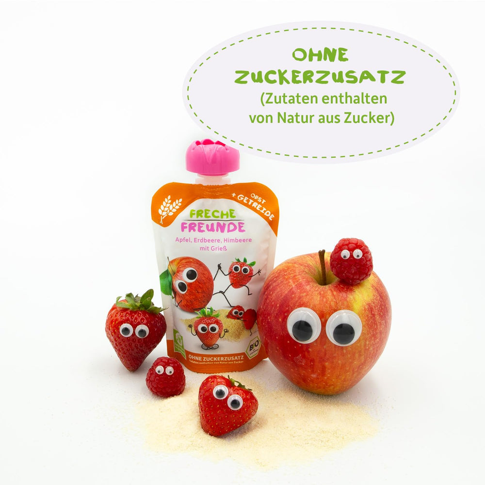 FRECHE FREUNDE Bio Quetschie Apple, Erdbeere, Himbeere mit Grieß, Fruchtmus mit Getreide i Quetschbeutel für Babies fra 6. Måned, vegansk, 6er Pack (6 x 100g)