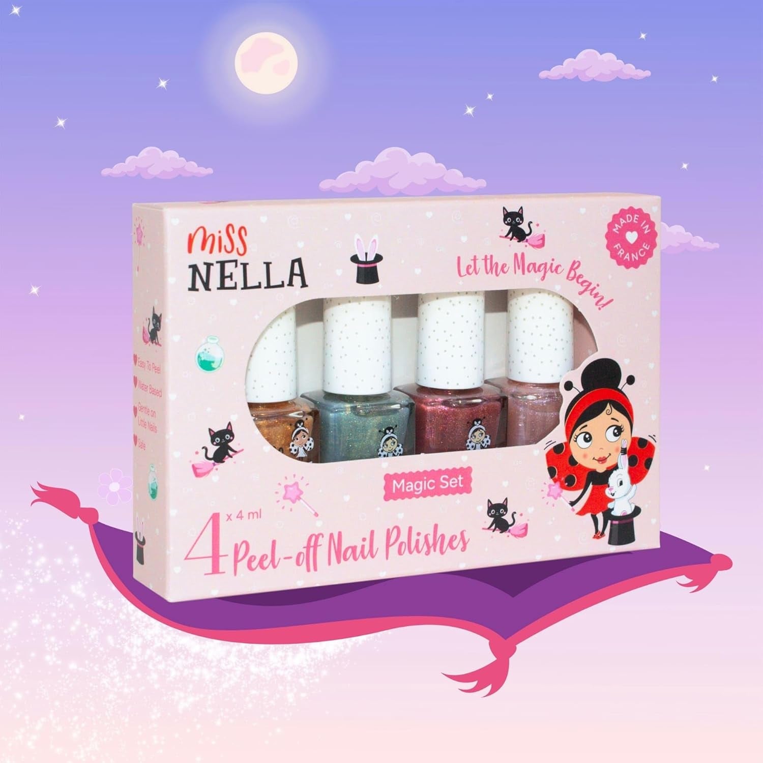 Miss Nella Magic Collection 4-delt glitter neglelaksæt: Pink, rød, guld og blå, special aftagelig neglelak til børn, ikke-giftig, vandbaseret, lugtfri