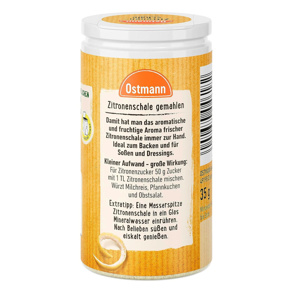 Ostmann Gewürze – Zitronenschale, gemahlene Schale für ein frisches Zitronen-Aroma, zum Backen oder Verfeinern von Soßen, Dressinger & Desserts, veganske, 35 g (Verpackungsdesign kann abweichen)
