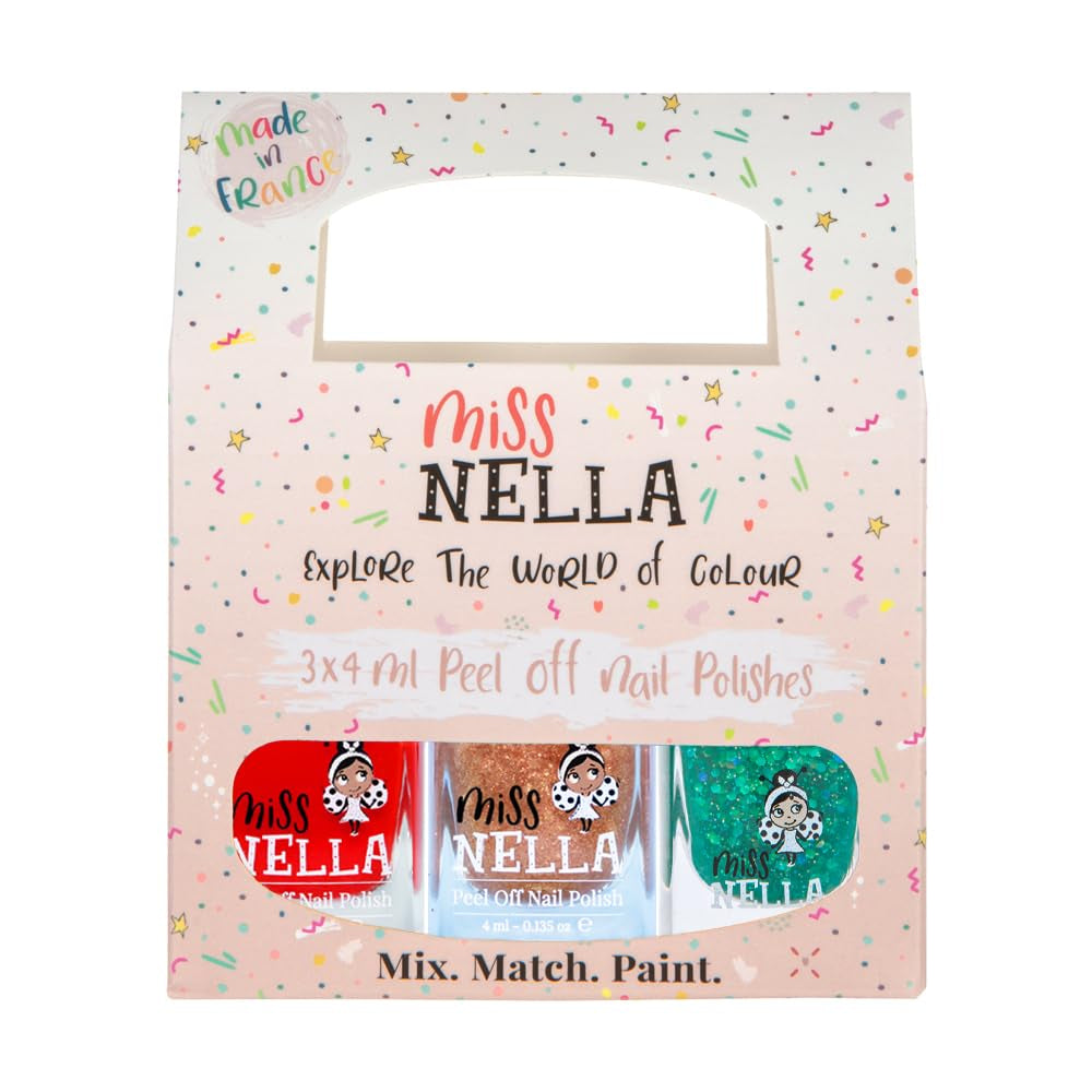 Miss Nella Magic Collection 4-delt glitter neglelaksæt: Pink, rød, guld og blå, special aftagelig neglelak til børn, ikke-giftig, vandbaseret, lugtfri