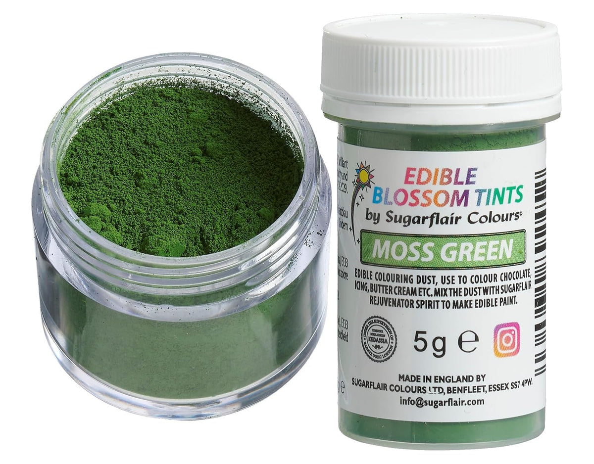 Pudră de colorant alimentar Sugarflair Blossom Tint Dust Verde mușchi - Pudră de colorant alimentar pentru decoruri de tort, pastă de zahăr, fondant, glazură, ciocolată, cremă de unt, macarons și multe altele - 5G