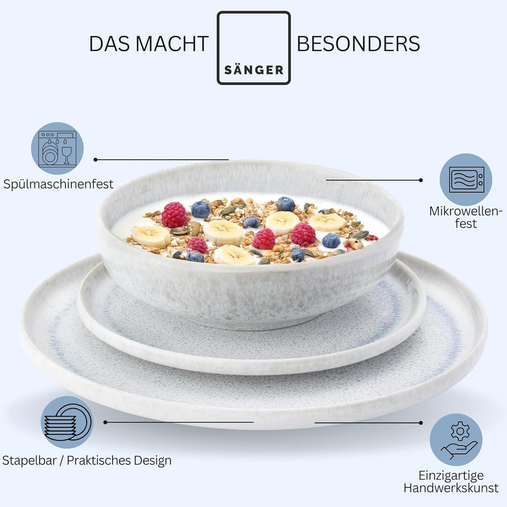 SÄNGER | Set de veselă Santorini cu 12 piese, set de farfurii pentru 4 persoane, evaluat FOARTE BUN, set de veselă din gresie, inclusiv farfurii de cină, farfurii de desert și farfurii de sumă, crem cu gradient liliac-albastru | COLECȚIA PREMIUM