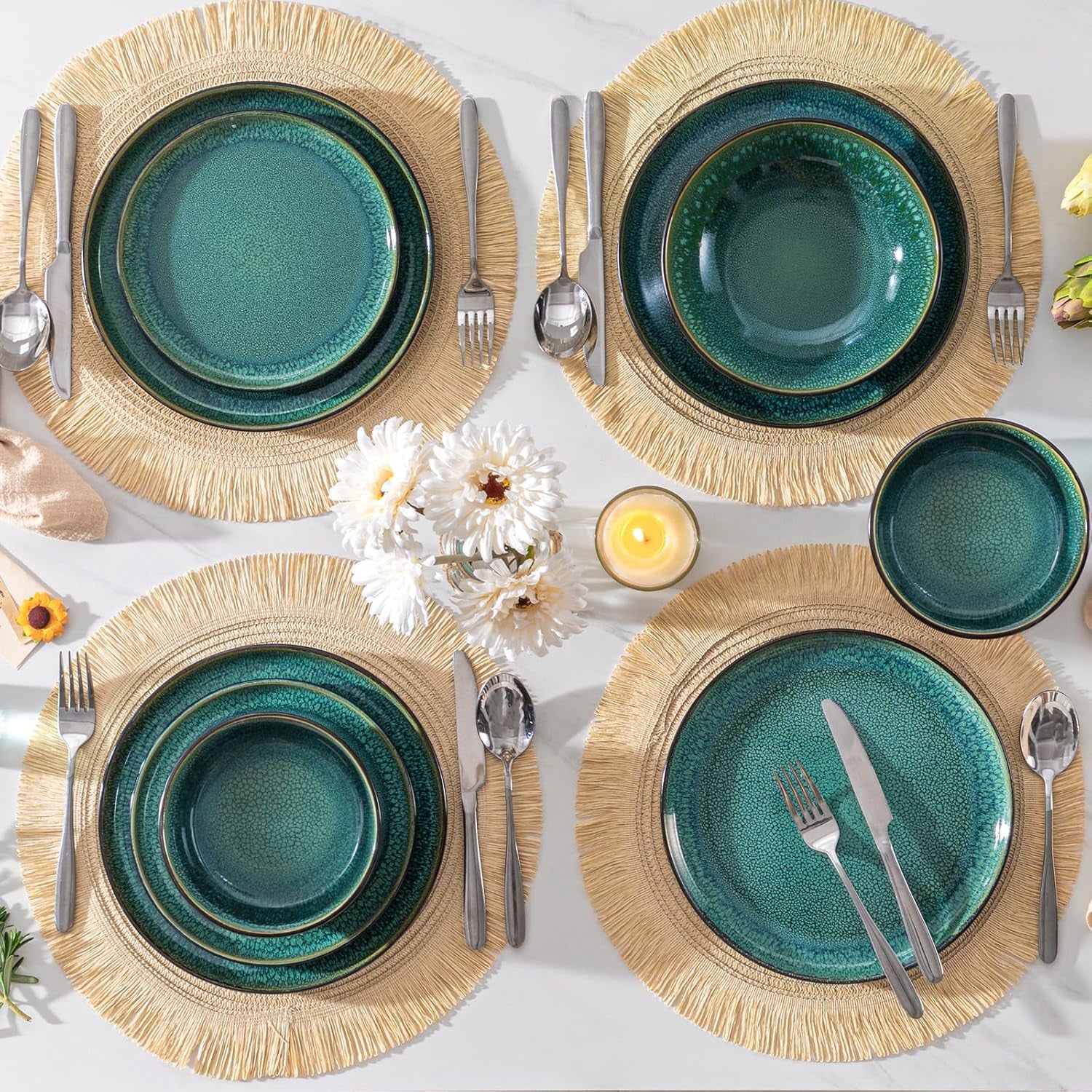 Set de veselă pentru 6 persoane, set de veselă din gresie Vancasso PLAYA, 24 de piese pentru 6 persoane, verde, inclusiv farfurii, farfurii de sumă, boluri și farfurii de salată, potrivit pentru mașina de spălat vase și cuptorul cu microunde