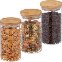 Borcane de depozitare Relaxdays cu capace din bambus, set de 3, borcane rotunde din sticlă, 1000 ml, etanșe, transparente/naturale, 18 x 10 cm Cutii depozitare alimente Naty Shop Transparent/natura 1000 Ml