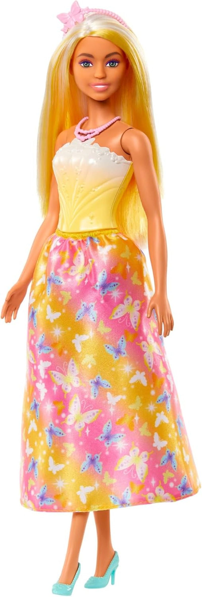 Royal Barbie Doll med smart hår med farverige tråde, farverigt tilbehør, gradient gul top og sommerfugle nederdel, HRR09 Naty Shop Dolls