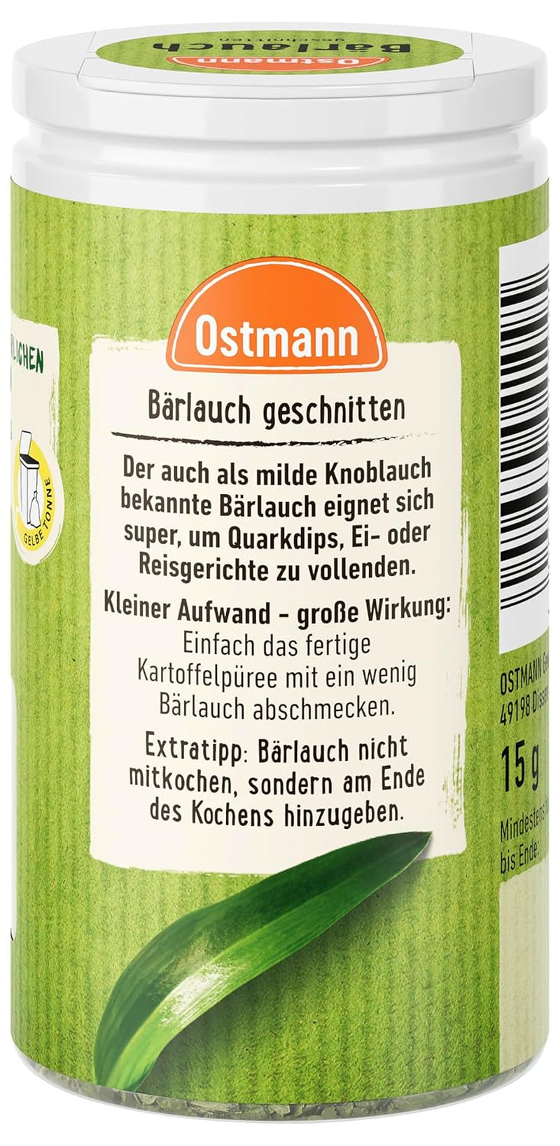 Ostmann Gewürze - Bärlauch geschnitten | Mildere Knoblauch-Geschmack | Für Ei- oder Reisgerichte sowie Quarkdips | 15 g i Der Streudose