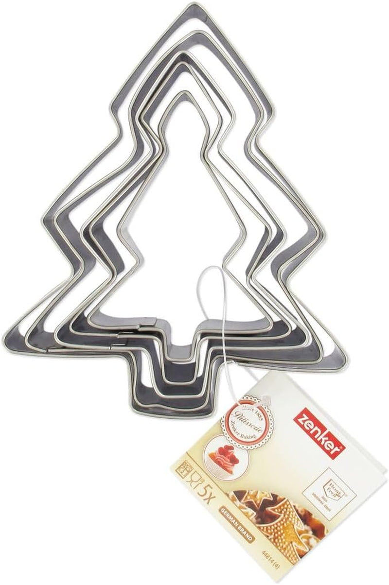 Zenker 44814 Set de 5 forme de biscuiți pentru brad de Crăciun, forme pentru brad de Crăciun, formă de biscuiți, oțel inoxidabil, argintiu, 11 x 9,5 cm