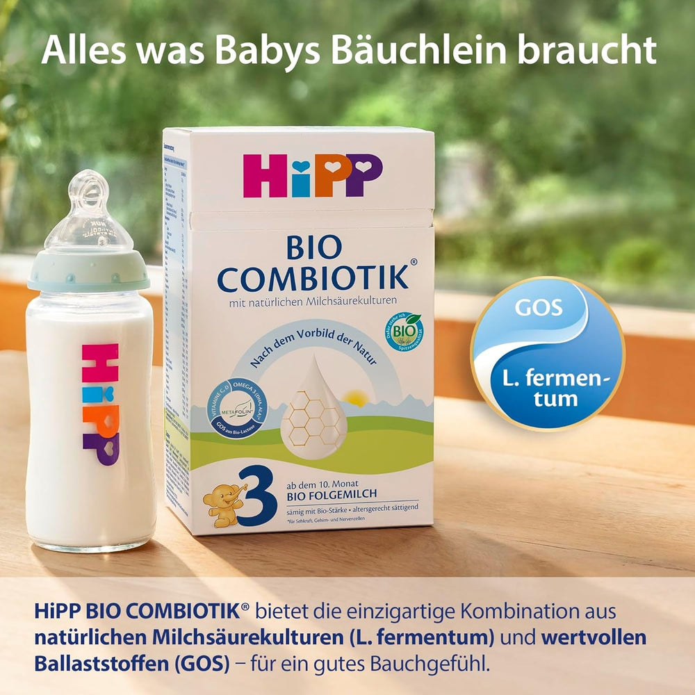HiPP 3 Organic Combiotik (4 x 600g), lapte de continuare de la 10 luni, cu culturi naturale de acid lactic, vitaminele C și D, GOS, Omega-3 (DHA, ALA), de cea mai bună calitate organică