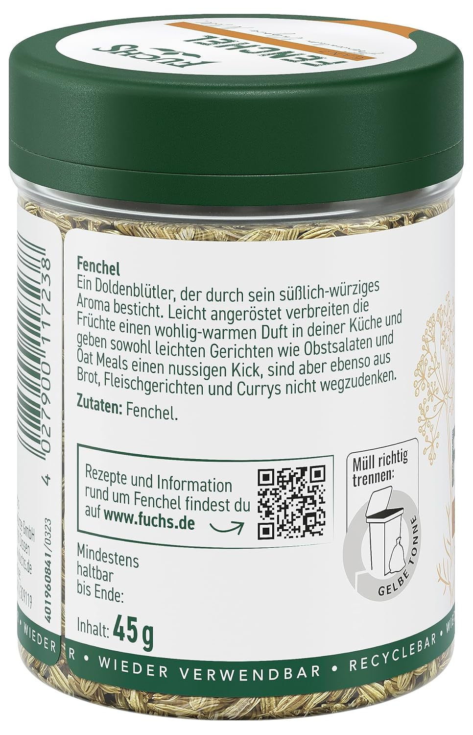 Fuchs Gewürze - Fennikel ganz - sweet-würziges Aroma für Obstsalate, Havre-Meals eller Curries - naturlige ingredienser - 45 g i wiederverwendbarer, genbrugsbarer Dosis