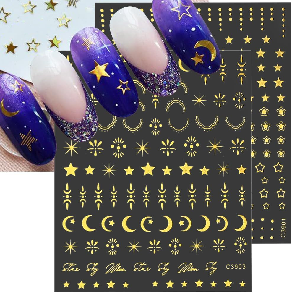 8 coli de autocolante pentru unghii cu stele și lună aurie, aripi de înger, autocolante pentru unghii bronzante, aurii, stele, folie de unghii, autocolante autoadezive pentru unghii, accesorii pentru design unghii, autocolante pentru unghii