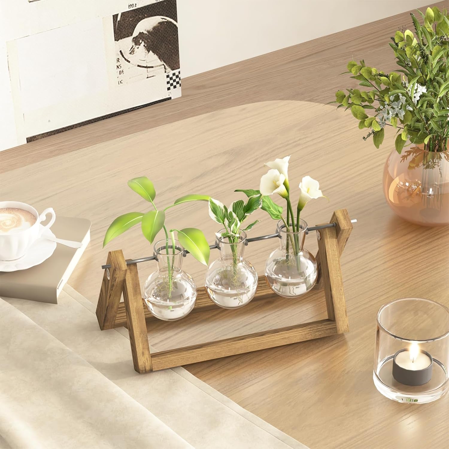 Bamworld Hydroponic Formeringsstation med træstativ - 3 glasvaser til vandplantedyrkning og boligdekoration