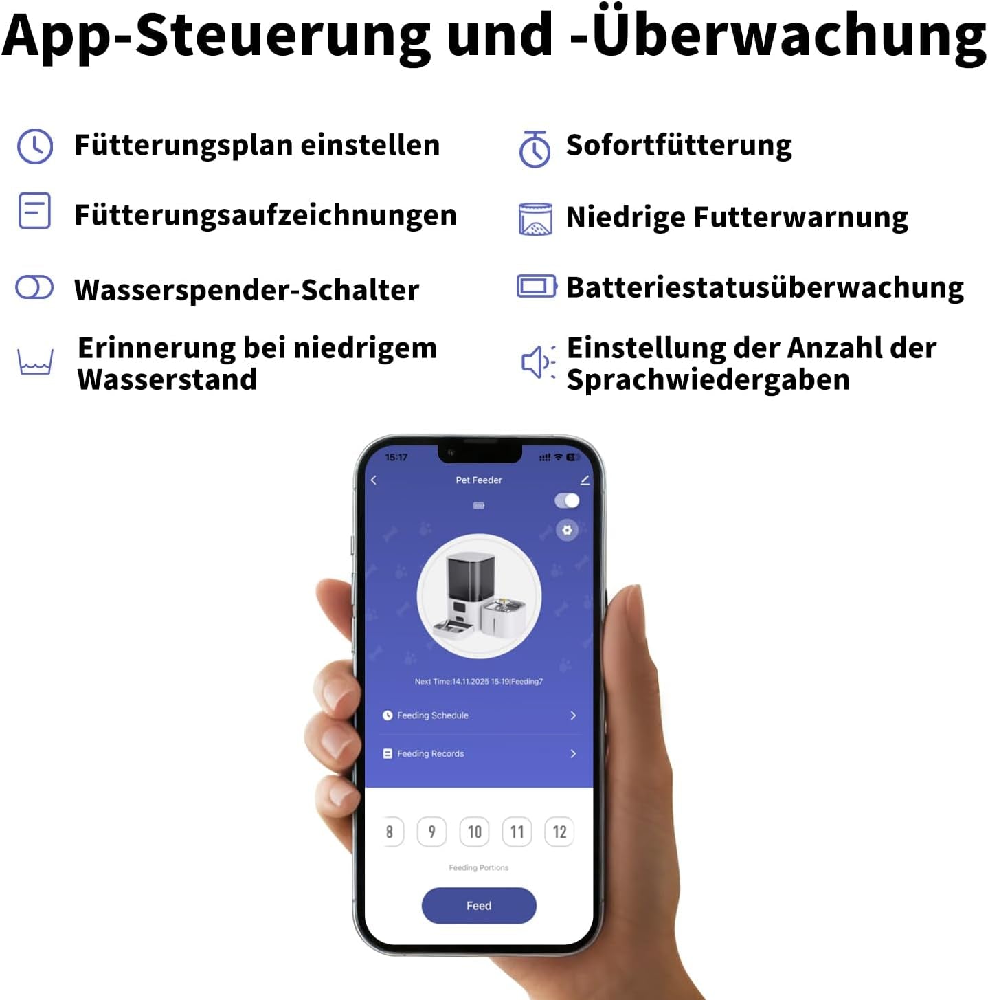 2-i-1-Automatik-Futter- og Wasserspender für Katzen, großvolumiger 6-Liter-Trockenfutterspender + 2,5-Liter-Wasserspender mit App-Steuerung, Sprachauzeichnung, zeitgesteuwerter Fütterung