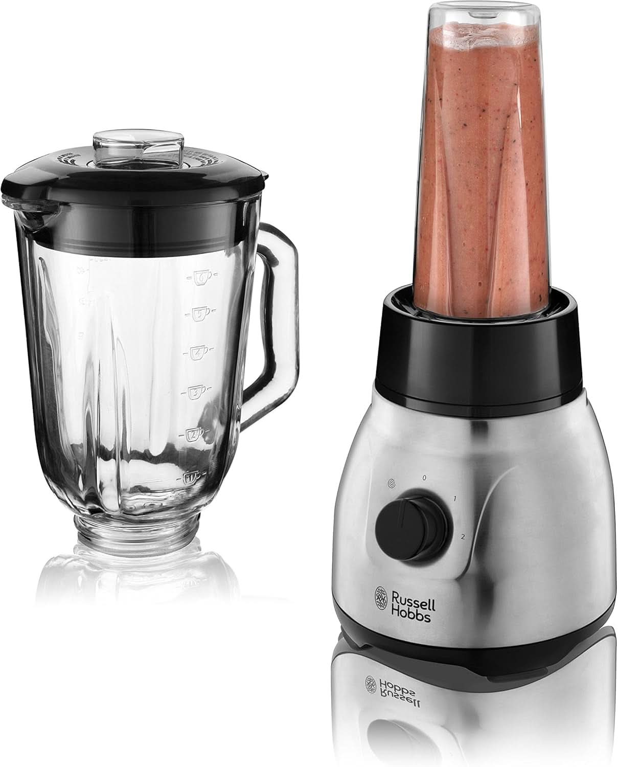 Russell Hobbs Standmixer 2-I-1 [1,5L Glasbehälter Mixer & 0,6L Mini Smoothie Maker -To-Go-Trinkflasche Inkl. Deckel] Spülmaschinenfest, Impuls-/Ice-Crush Funktion, Becher BPA Frei, Edelstahl 23821-56 Kitchen Naty Shop