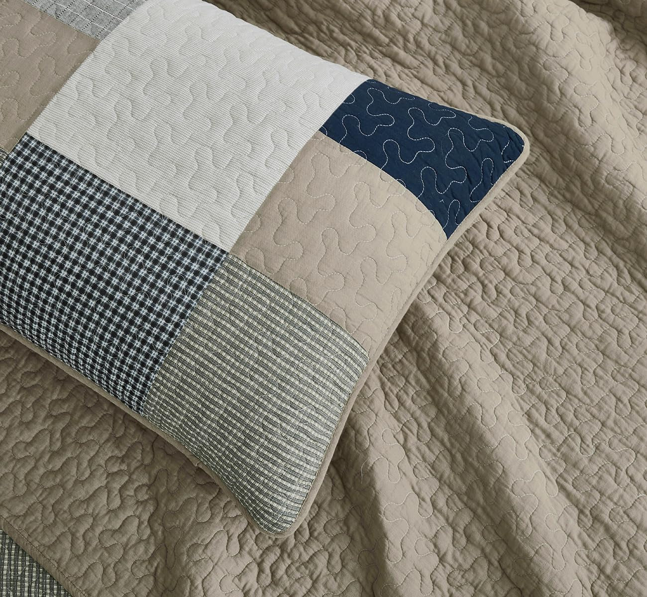 Chezmoi Collection Addy Patchwork Quilt Sæt Forvasket bomuld Letvægts Vendbar All Seasons Oversized 3 dele Navy White Grå Taupe Plaid Quilts & Quilts Naty Shop