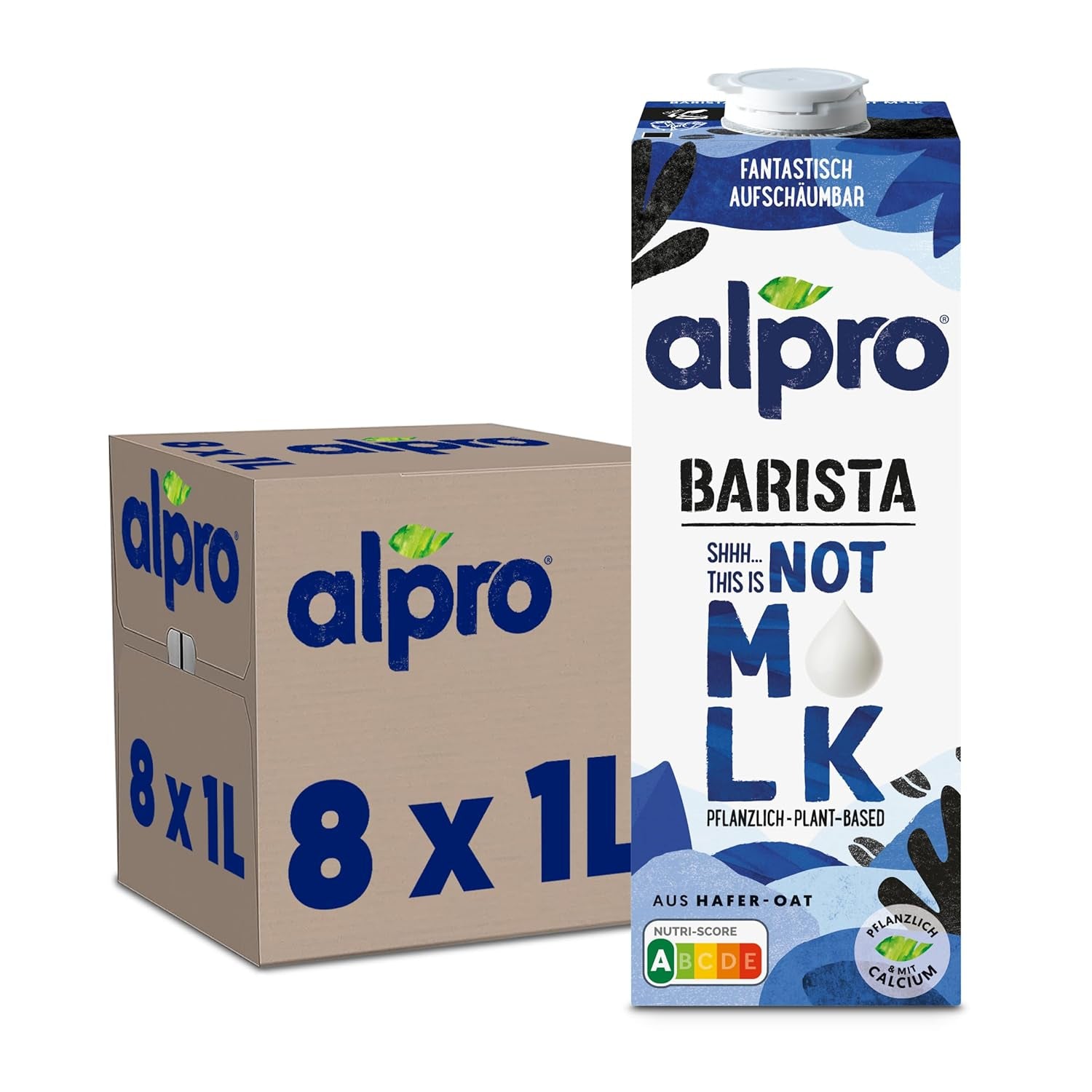 Alpro Barista Haferdrink – Zum Aufschäumen – Vegan und milchfrei – Von Natur aus lactosefrei – Rich an Ballaststoffen, Calcium og Vitaminen – 8 x 1 L – Haltbar