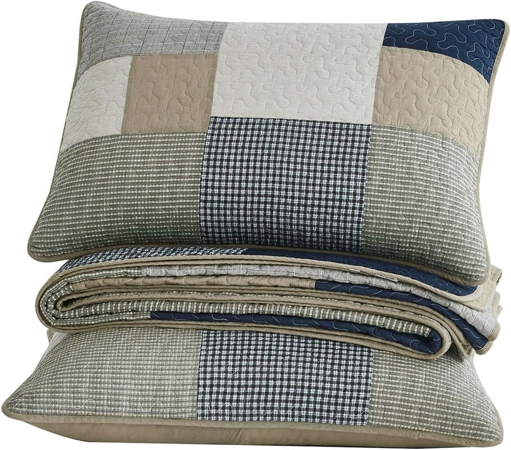 Chezmoi Collection Addy Patchwork Quilt Sæt Forvasket bomuld Letvægts Vendbar All Seasons Oversized 3 dele Navy White Grå Taupe Plaid Quilts & Quilts Naty Shop