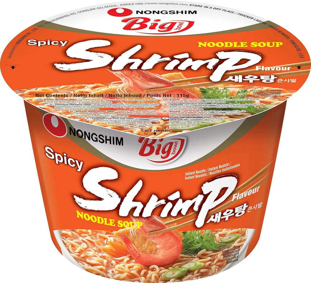 Nong Shim instant nudler med rejer, stor skål - koreansk Ramen suppe - Hurtig tilberedning - 115 g (1 pakke)