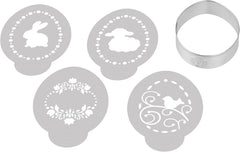 Dr. Oetker Ei-Ausstecher inkl. 4 Deco-Schablonen aus der Series "Goldiges Ostern", Keks- und Plätzchenform (Farbe: Silber, Weiß), Menge: 1 x 5er Sæt