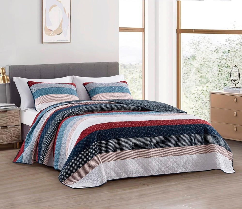 Chezmoi Collection Addy Patchwork Quilt Sæt Bomuld Forvasket Letvægts Vendbar All Seasons Oversized 3 dele Navy White Grå Taupe Plaid Quilts & Quilts Naty Shop Modern Patchwork Dotted King