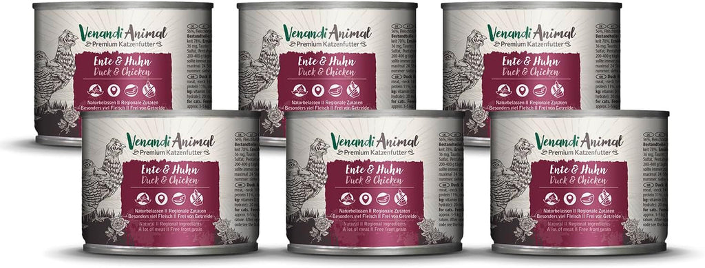 Venandi Animal Premium Hrană umedă pentru pisici, Tasting Pack III, pui, curcan, vită, pui + iepure, vițel, curcan, 6 X 200 G, fără cereale și naturală, 1.2 Kg