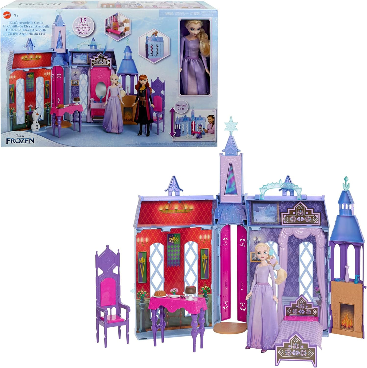 Mattel Disney Frozen - Casă de păpuși Castelul Arendelle (60 cm+) cu păpușa Elsa, 4 locuri de joacă și 15 piese de mobilier și accesorii din filmul Disney Frozen II, HLW61