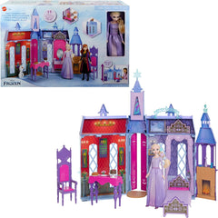 Mattel Disney Frozen - Casă de păpuși Castelul Arendelle (60 cm+) cu păpușa Elsa, 4 locuri de joacă și 15 piese de mobilier și accesorii din filmul Disney Frozen II, HLW61