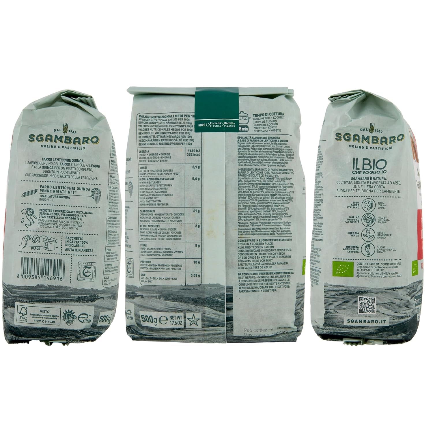 Økologisk Penne Rigate Pasta N.91 - 500g med speltmel, linsemel og quinoamel - Rig på protein, kilde til fiber og protein