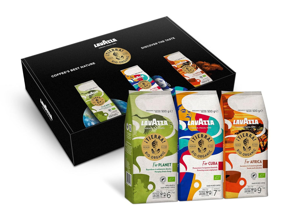 Lavazza, Tierra for Africa, 100% boabe de cafea organică, Ideal pentru espressoare, Aromă puternică și corpolentă, Intensitate 9/10, Arome de nuci, Prăjire medie Cafea Naty Shop 3 x 500 grame Set
