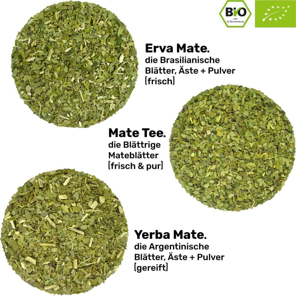 Set ceai Mate Bio ● 3 sortimente de Mate + 2 căni Mate din oțel inoxidabil cu pereți dubli + 2 bombillas + instrucțiuni de preparare (negru)