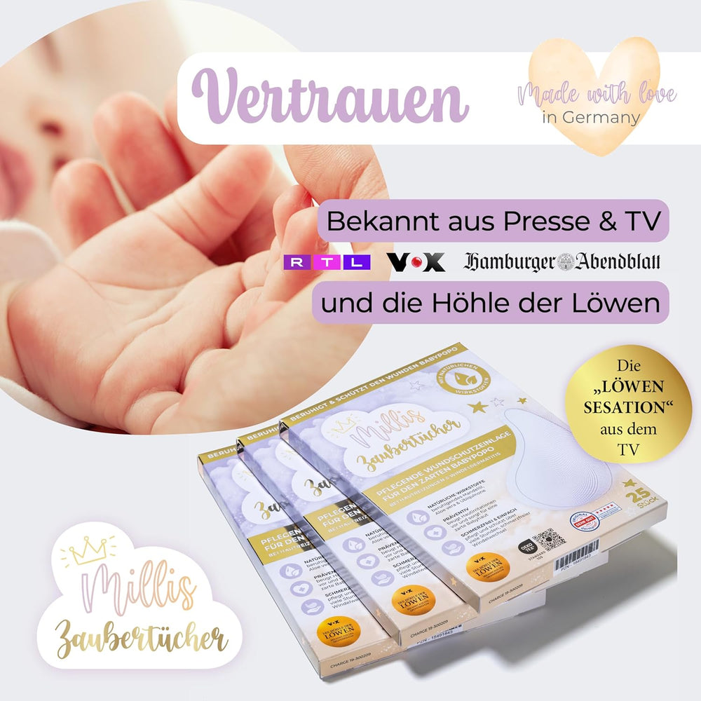 Millis Zaubertücher hos Windeldermatitis Baby, Bekannt aus "Die Höhle der Löwen", 25 Tücher (1 x 25er) mit Aloe Vera, Mandelöl & Q10 - Pflegt, Schützt & dient als Wundschutz bei gereizter Haut
