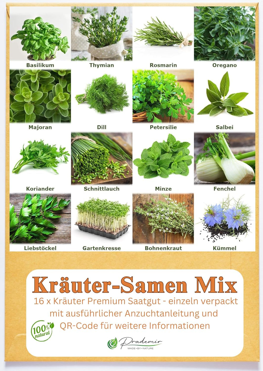 Prademir – Kräutersamen Set fra 16 beliebten Küchenkräutern – Kräuter Anzuchtset mit 100% Natursamen fra Portugal – Kräuter Saatgut aus Oregano, Timian, Merian, Rosmarin, Dild, Basilikum, Sage uvm