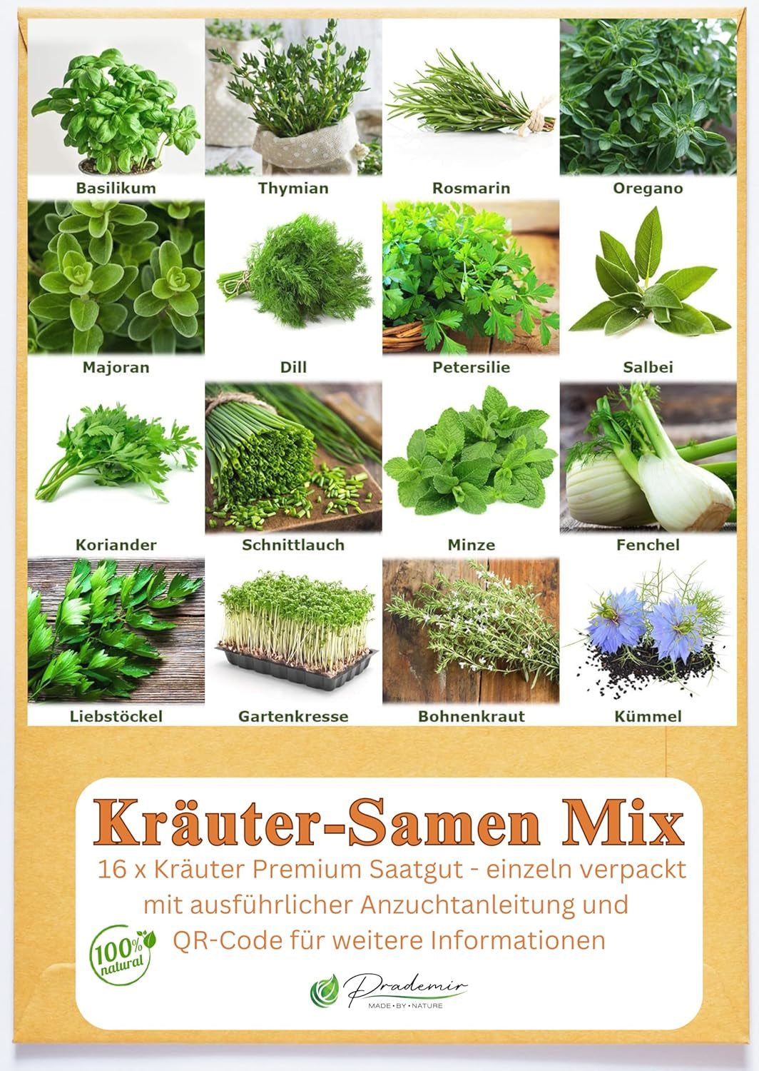 Prademir – Kräutersamen Set fra 16 beliebten Küchenkräutern – Kräuter Anzuchtset mit 100% Natursamen fra Portugal – Kräuter Saatgut aus Oregano, Timian, Merian, Rosmarin, Dild, Basilikum, Sage uvm