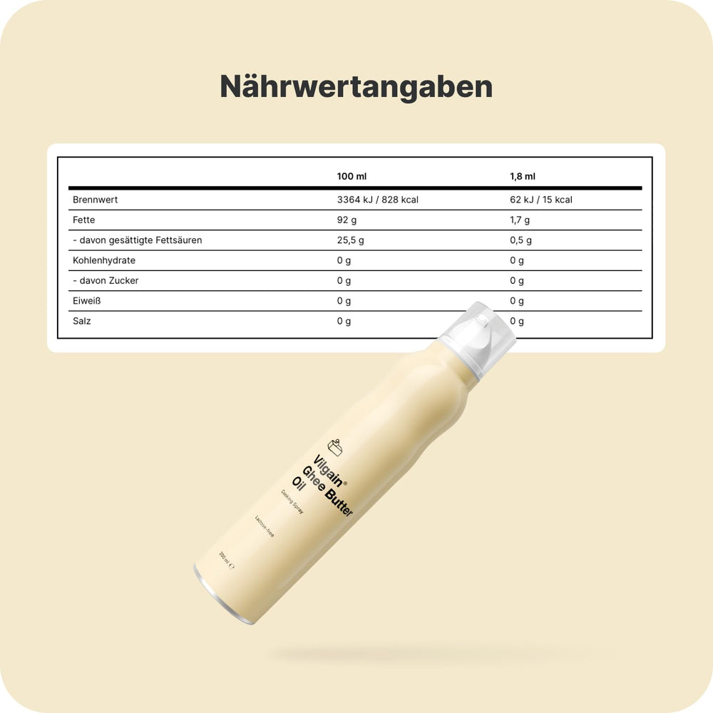 Vilgain Ghee Spray med Avocadoöl | Laktosefri, zum Kochen & Backen | Rauchpunkt 195°C, herzgesund, BRC-zertifiziert | Ideel til laktosefølsomme mennesker Geschmacks-Harmonie, 200ml