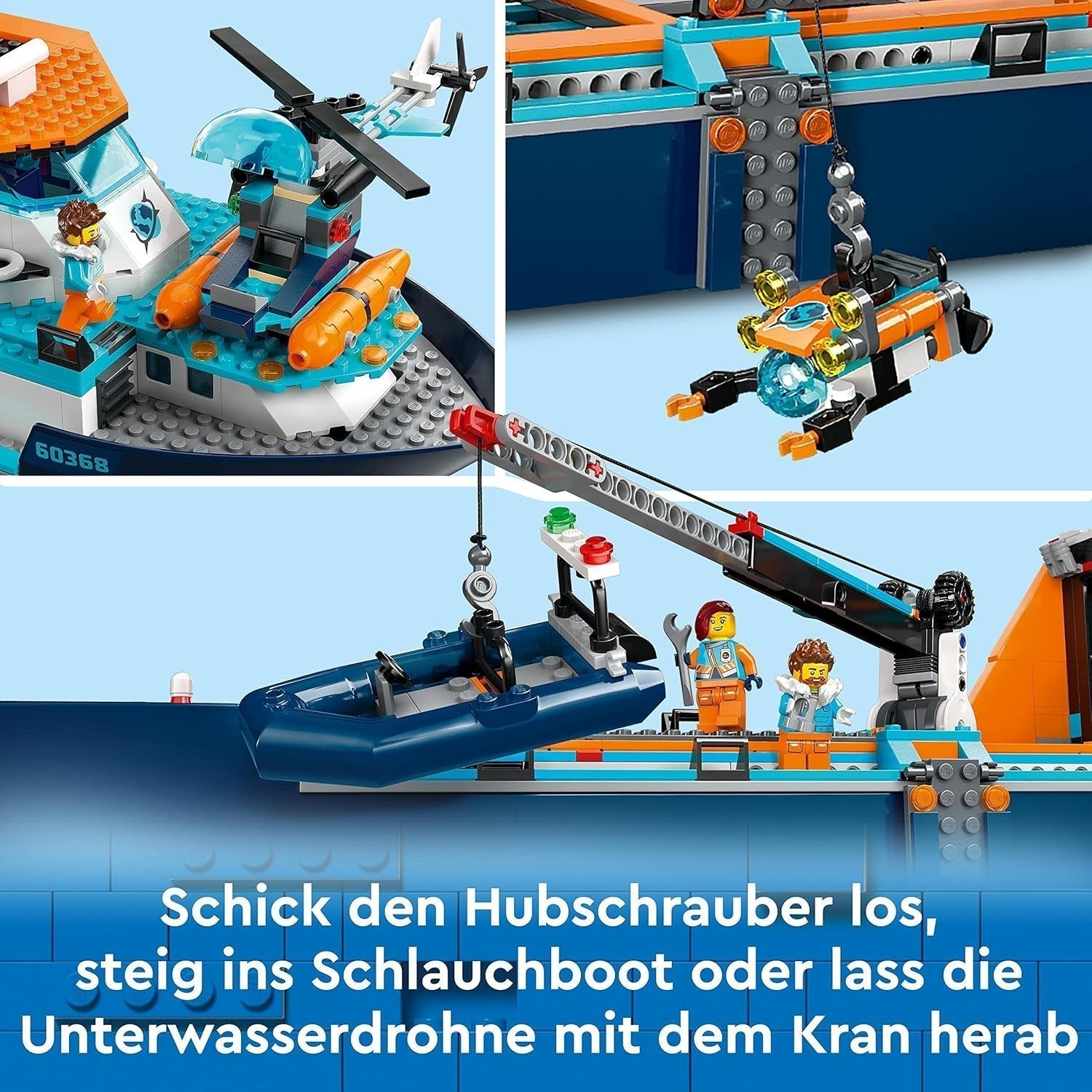 LEGO City Arctic Research Ship, stor flydende legetøjsbåd med helikopter, gummibåd, Rov-ubåd, vikingevrag, 7 minifigurer og spækhuggerfigur, gave til børn i alderen 7+ 60368 byggesæt Besuche den LEGO-Store