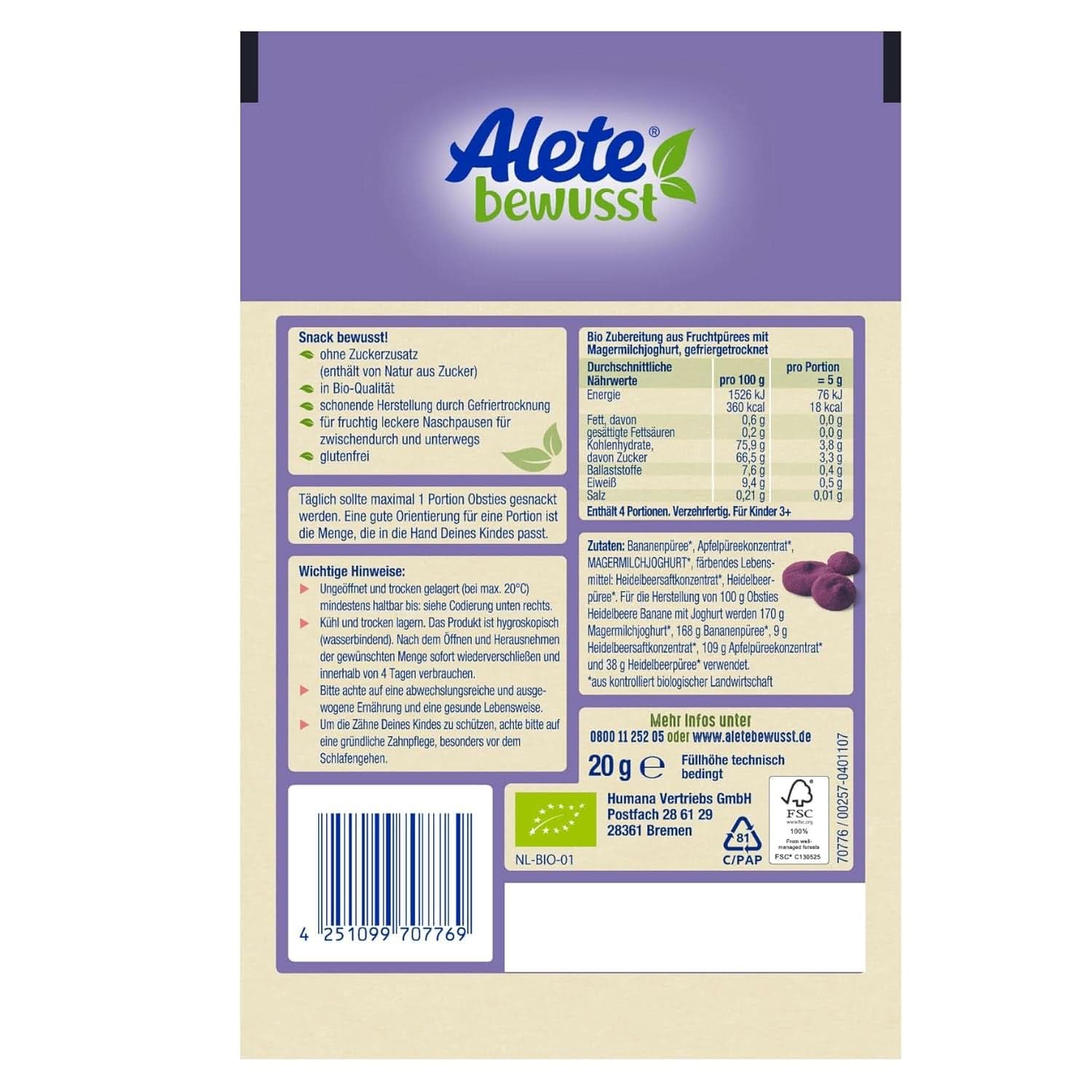 Andre Bewusst Obsties, Blåbær og Banan med Yoghurt, Fra 3 år, frysetørrede økologiske frugtchips, 20 gram Mor og Barn Naty Shop