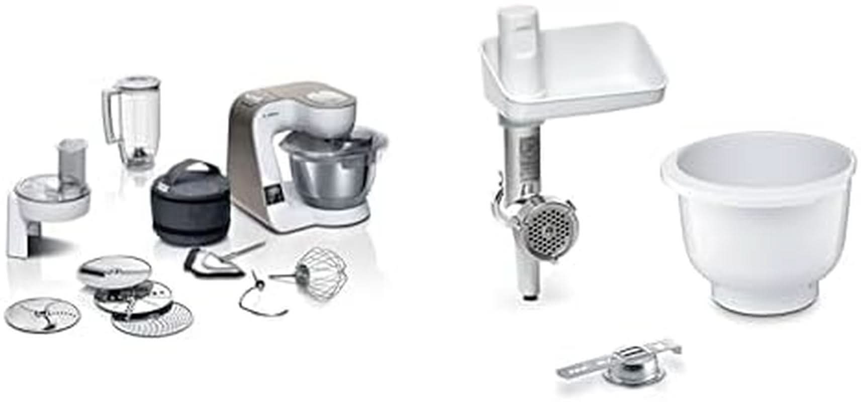 Bosch Series 4 MUM5X720 foodprocessor, integreret vægt, skål i rustfrit stål 3,9L, mixer 1,25L, 1000W Tilbehør Mad og amning Baby Naty Shop-pakke med Bakingsensation Hvid Champagne 2 tilbehør