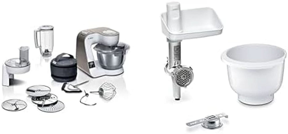 Bosch Series 4 MUM5X720 foodprocessor, integreret vægt, skål i rustfrit stål 3,9L, mixer 1,25L, 1000W Tilbehør Mad og amning Baby Naty Shop-pakke med Bakingsensation Hvid Champagne 2 tilbehør