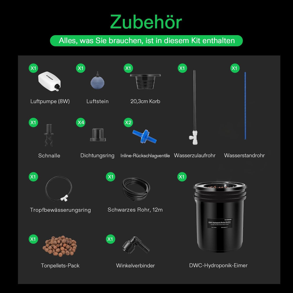 VIVOSUN DWC Hydrokultur Anbausystem med Topf-Dripkit, 5-Gallonen Tiefwasserkultur, Umwälz-Tropfgartensystem med Mehrzweck-Luftschlauch, 8W Luftpumpe og Luftstein (1 Bucket + Top-Drip-Kit)