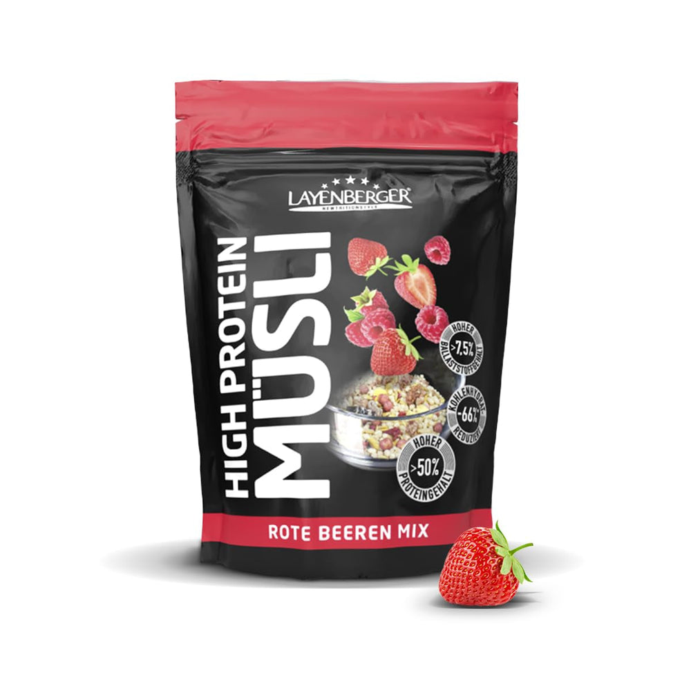 Layenberger 3K højproteinmüsli, 50% Eiweiß og 18% Kohlenhydrat - Enkeltpakke (1X 390 G) - Schoko-Nuss Cereale Naty Shop 360 G (1Er Pakke) Rote Beeren Mix