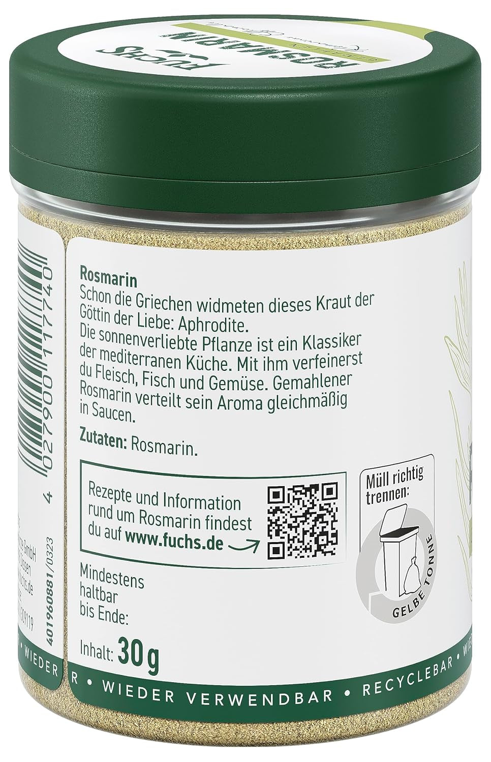 Fuchs Gewürze - Rosmarin gemahlen - zum Würzen von Fisch, Fleisch und Gemüse - naturlige ingredienser - 30 g i wiederverwendbarer, genbrugsbarer Dosis