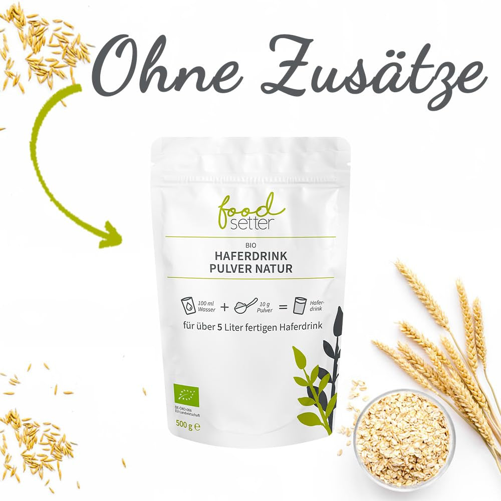 foodsetter Bio Haferdrink Pulver | 500g pose | Haferpulver | Instant Haferpulver | Biokvalitet | Vegansk | Glutenfri | Ohne Zuckerzusatz | 0,5 kg