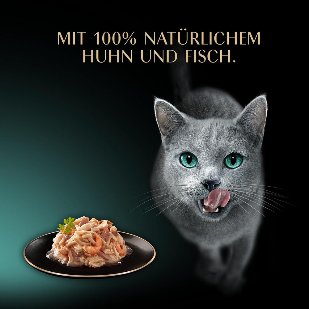 SHEBA Filets Adult Katzenfutter in Sauce mit Huhn, Hochseefisch und Garnelen 16 x 60g Schale