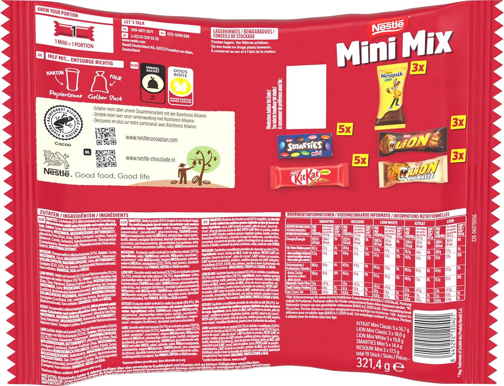 Nestlé Mini Mix chokoladebarer, fem lækre smagsvarianter, 19 barer, pakke med 2 (1 x 321g)