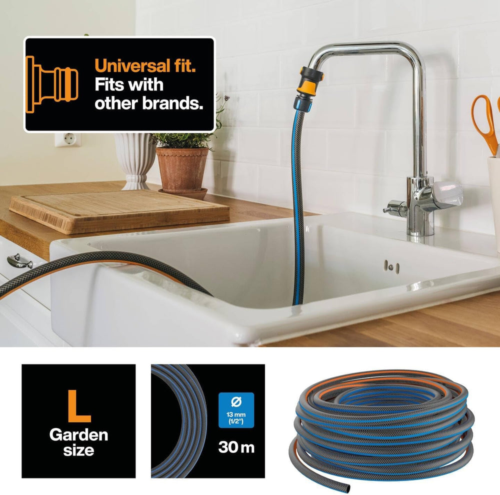 Furtun de apă Fiskars L, protecție UV, testat la presiune, nivel de rigiditate torsională 4 (din 5), 30 m, Ø 1,3 cm (1/2"), 4,2 kg, Negru/Portocaliu/Albastru, 1027105