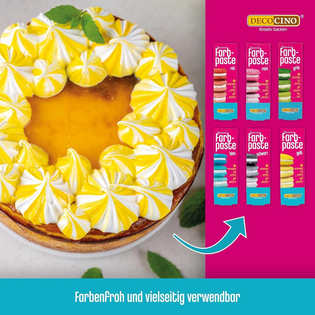 Set de 6 paste de culoare Decocino – 6 x 20 g – Colorant alimentar în roșu, roz, verde, galben, albastru și negru, ideal pentru colorarea prăjiturilor, fondantului și cremelor – Fără azoici și fără gluten