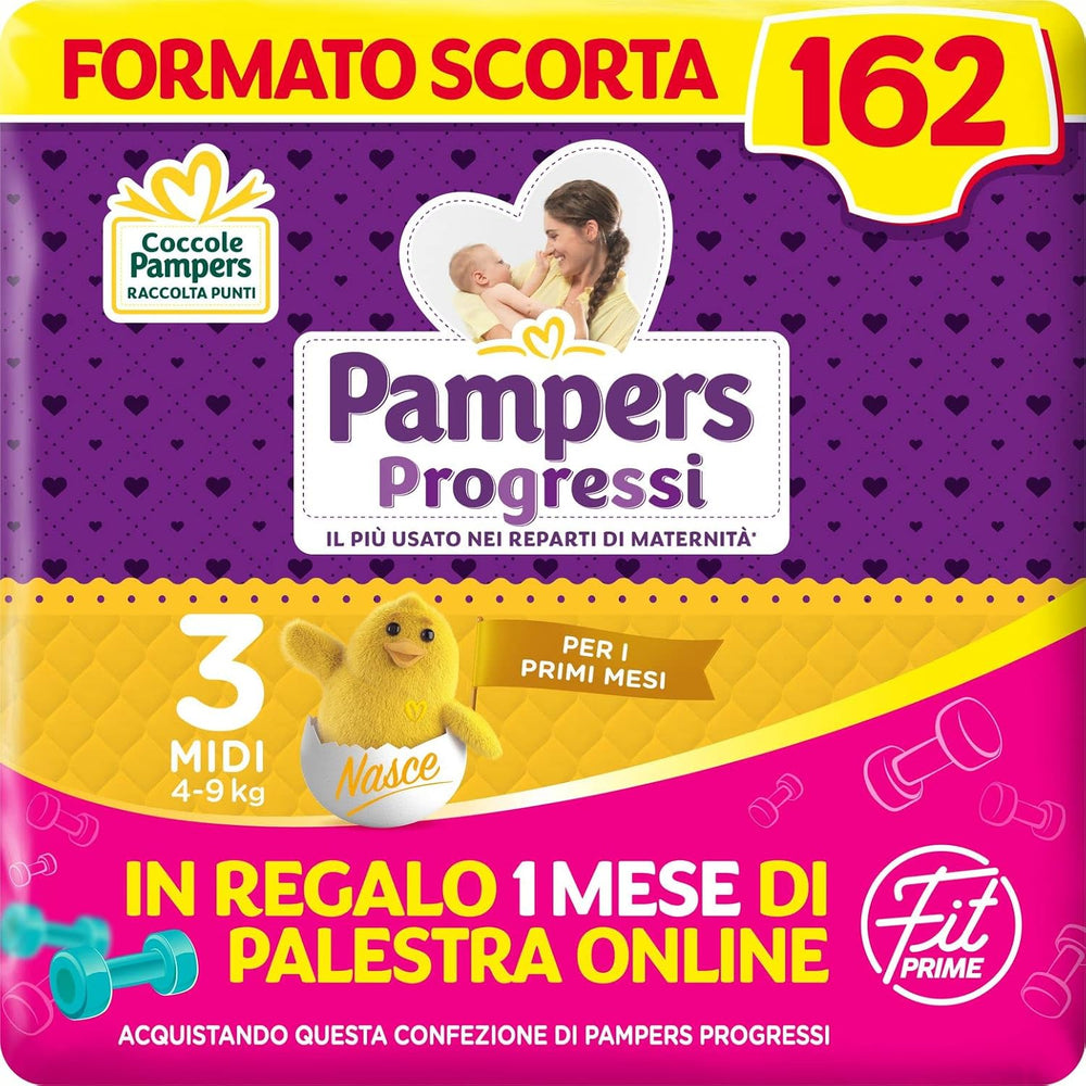 Pampers Progressi & Fit Prime Midi bleer, kort format, 162 bleer, str. 3 (4-9 kg), online medlemskab af fitnesscenter i 1 måned som gave