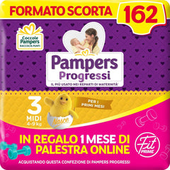 Pampers Progressi & Fit Prime Midi bleer, kort format, 162 bleer, str. 3 (4-9 kg), online medlemskab af fitnesscenter i 1 måned som gave