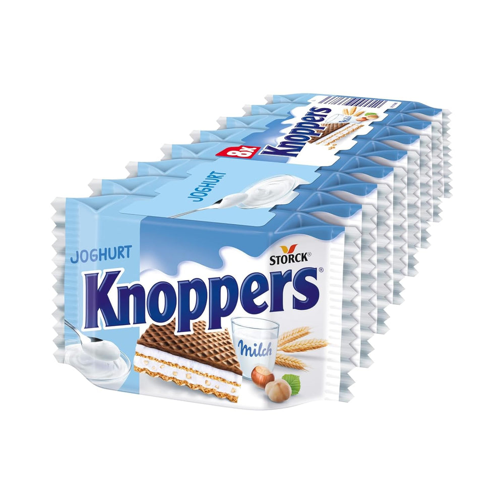 Hvide og sorte Knoppers – 8 x 25 g – Vaffelskiver fyldt med mørke kakaoblater, stykker af sorte kiks, mælk og nougatcreme