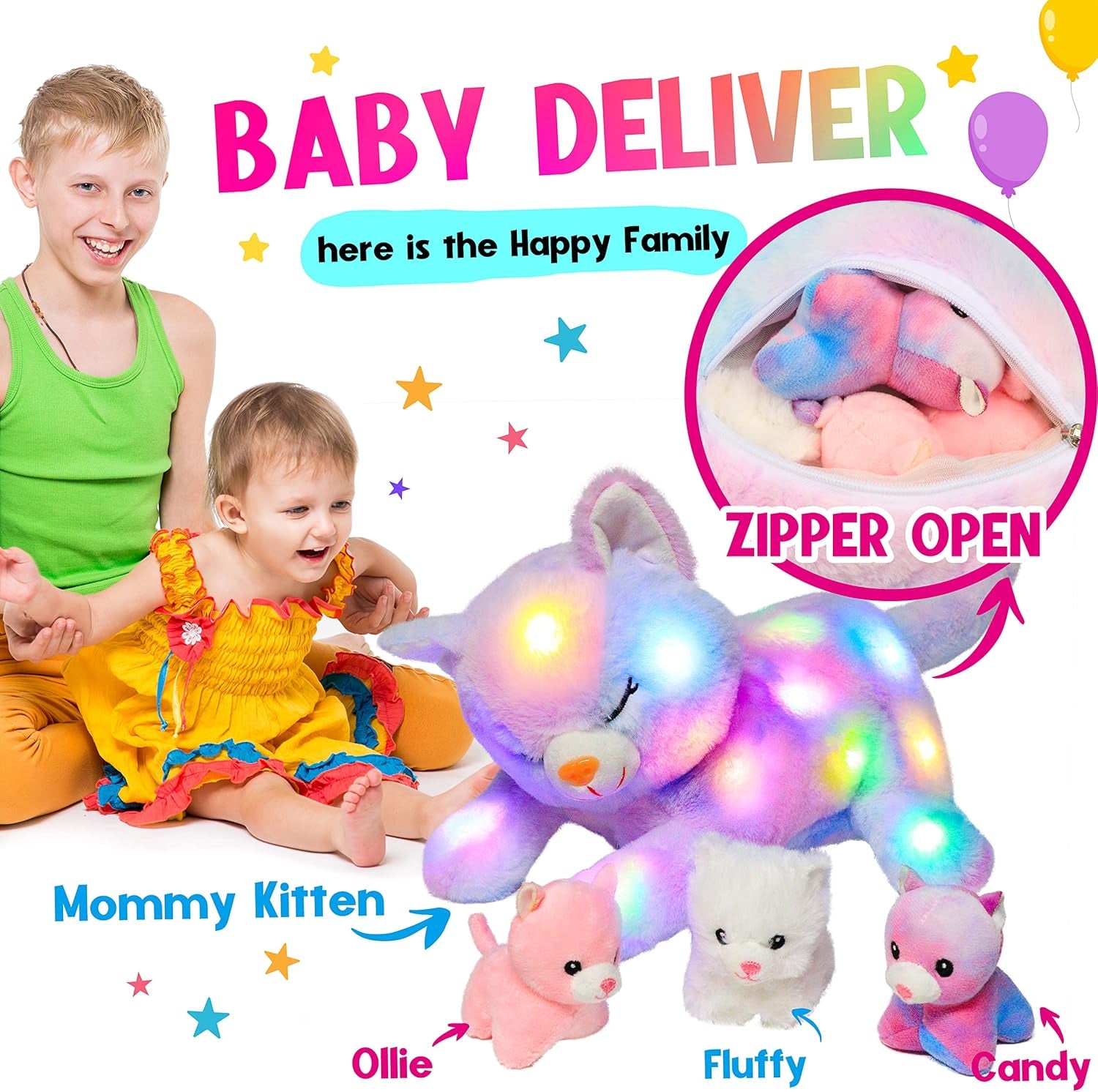 Pisică de pluș muzicală cu LED, jucărie cântătoare luminoasă, Mama Pisică cu 3 pisoi în burtă, cântec de leagăn animat, jucărie liniștitoare pentru mame, copii, fete mici, curcubeu, 45 cm